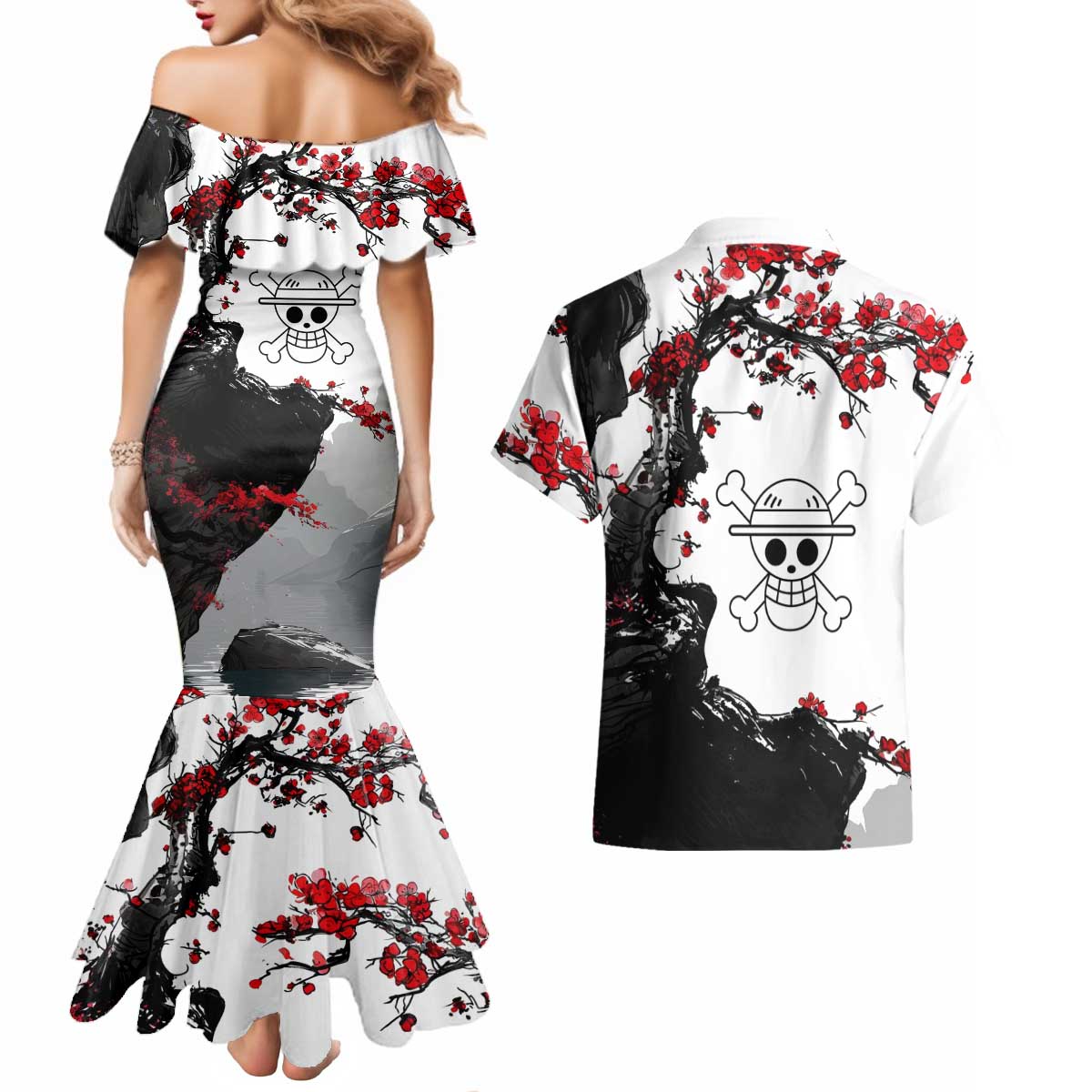 Luffy Gear 3 One Piece Anime White and Red Japanese Art Style Couples Matching Mermaid Dress and Hawaiian Shirt with Cherry Blossom Tree and Straw Hat Pirates Jolly Roger - The Mazicc