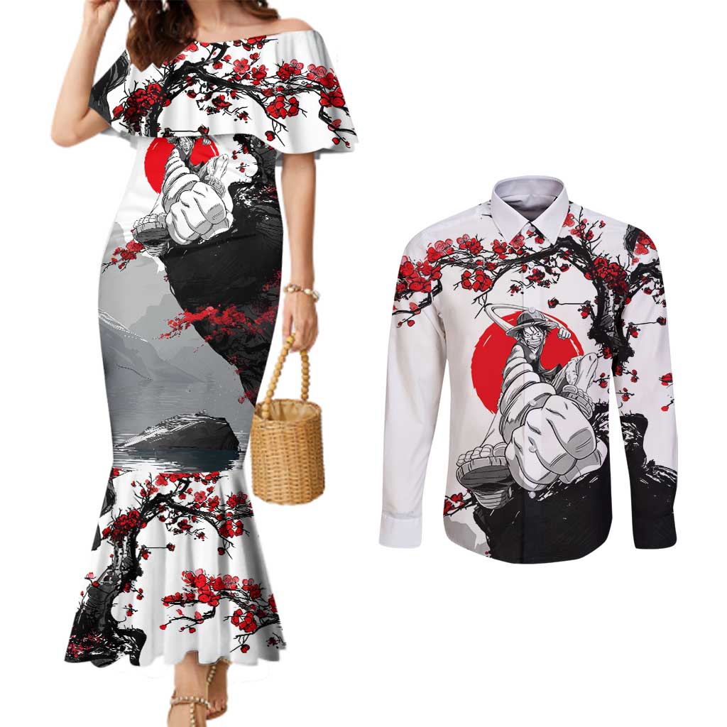 Luffy Gear 3 One Piece Anime White and Red Japanese Art Style Couples Matching Mermaid Dress and Long Sleeve Button Shirt with Cherry Blossom Tree and Straw Hat Pirates Jolly Roger - The Mazicc