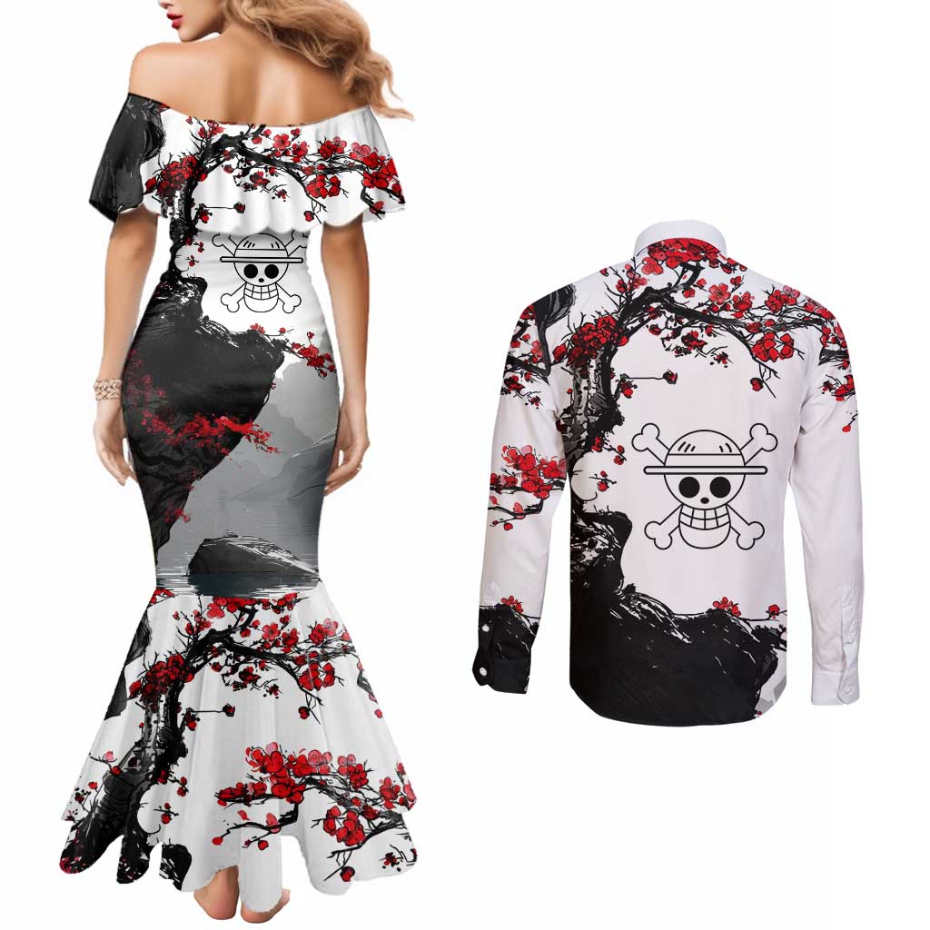 Luffy Gear 3 One Piece Anime White and Red Japanese Art Style Couples Matching Mermaid Dress and Long Sleeve Button Shirt with Cherry Blossom Tree and Straw Hat Pirates Jolly Roger - The Mazicc