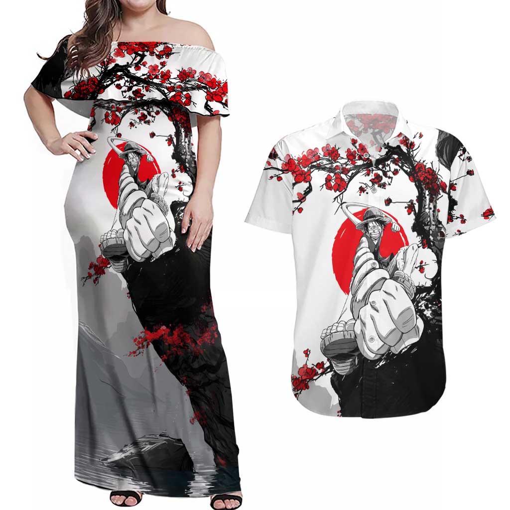 Luffy Gear 3 One Piece Anime White and Red Japanese Art Style Couples Matching Off Shoulder Maxi Dress and Hawaiian Shirt with Cherry Blossom Tree and Straw Hat Pirates Jolly Roger - The Mazicc