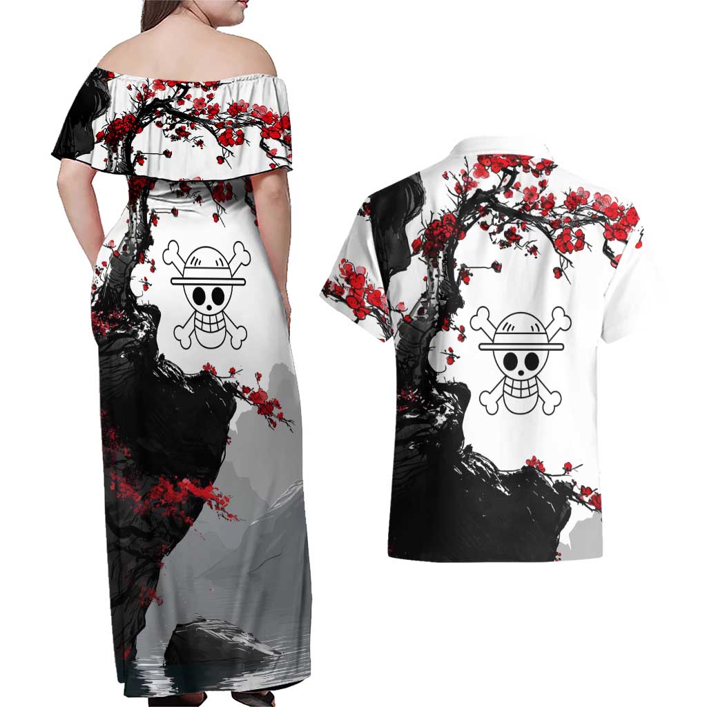 Luffy Gear 3 One Piece Anime White and Red Japanese Art Style Couples Matching Off Shoulder Maxi Dress and Hawaiian Shirt with Cherry Blossom Tree and Straw Hat Pirates Jolly Roger - The Mazicc