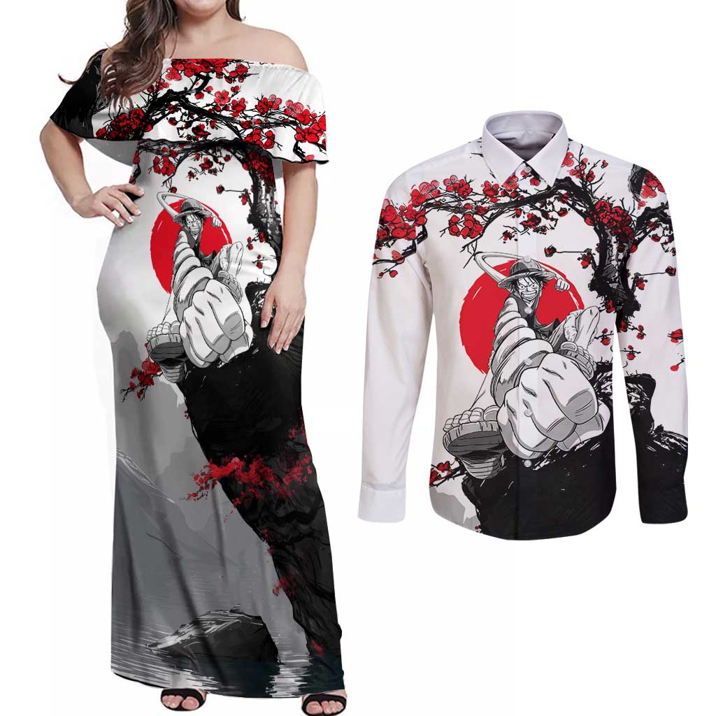 Luffy Gear 3 One Piece Anime White and Red Japanese Art Style Couples Matching Off Shoulder Maxi Dress and Long Sleeve Button Shirt with Cherry Blossom Tree and Straw Hat Pirates Jolly Roger - The Mazicc