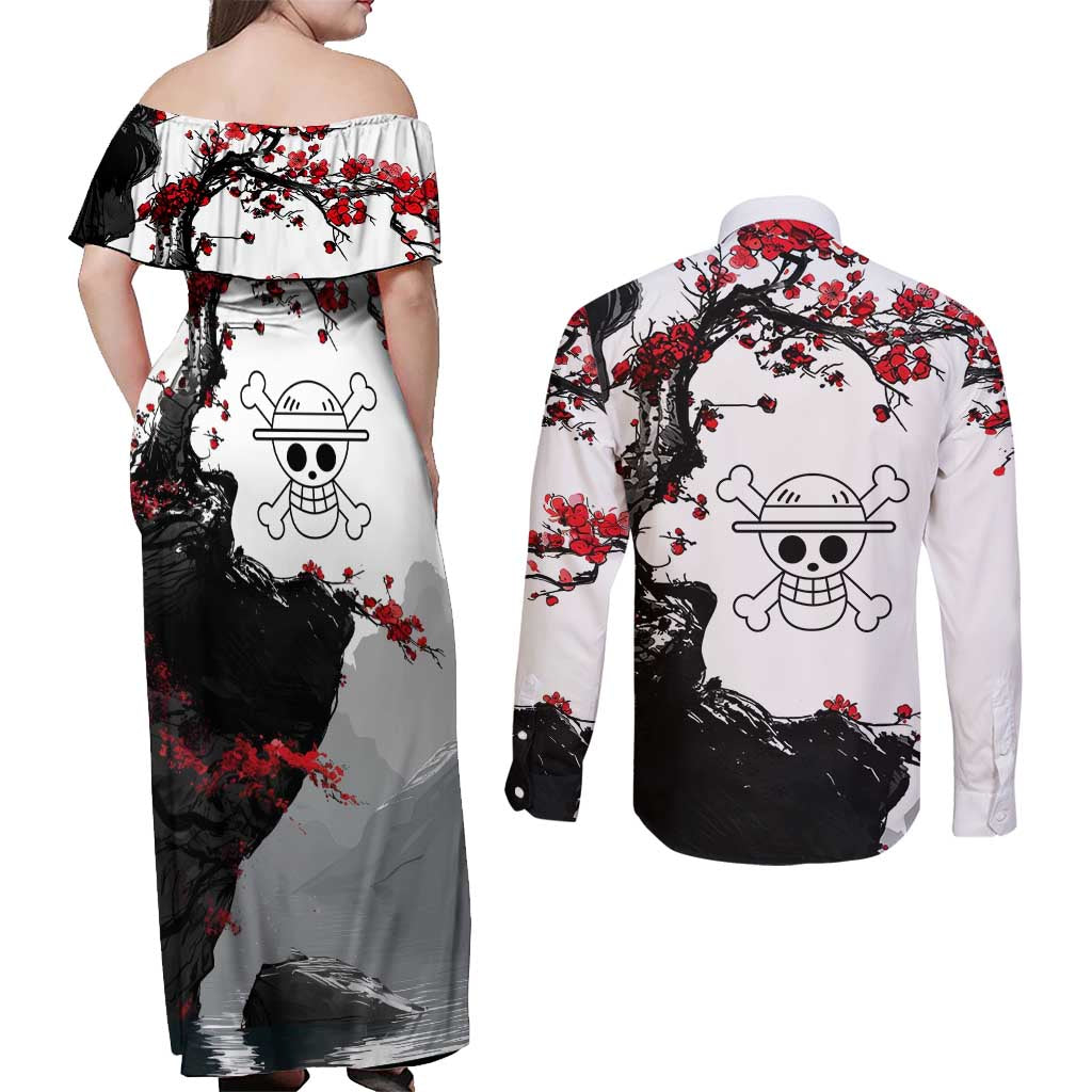Luffy Gear 3 One Piece Anime White and Red Japanese Art Style Couples Matching Off Shoulder Maxi Dress and Long Sleeve Button Shirt with Cherry Blossom Tree and Straw Hat Pirates Jolly Roger - The Mazicc