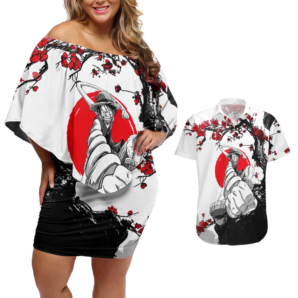 Luffy Gear 3 One Piece Anime White and Red Japanese Art Style Couples Matching Off Shoulder Short Dress and Hawaiian Shirt with Cherry Blossom Tree and Straw Hat Pirates Jolly Roger - The Mazicc