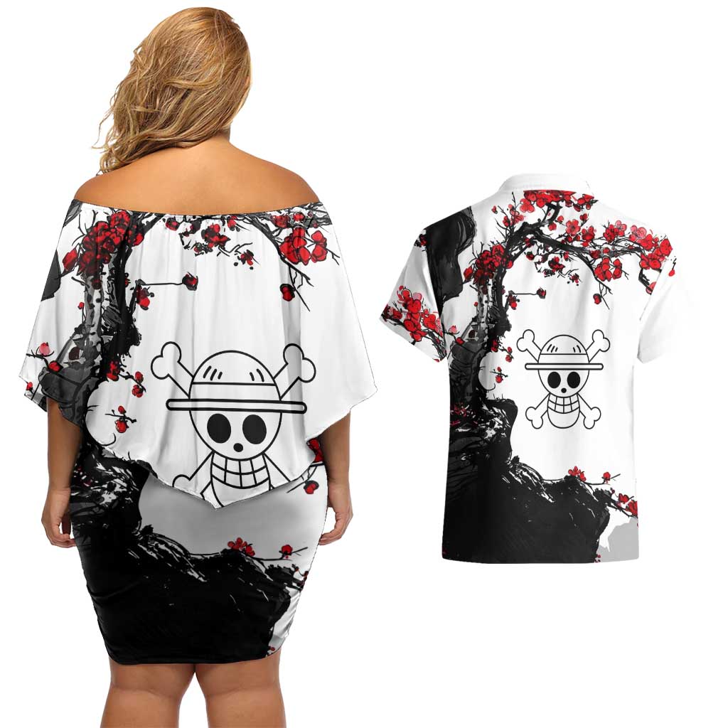 Luffy Gear 3 One Piece Anime White and Red Japanese Art Style Couples Matching Off Shoulder Short Dress and Hawaiian Shirt with Cherry Blossom Tree and Straw Hat Pirates Jolly Roger - The Mazicc