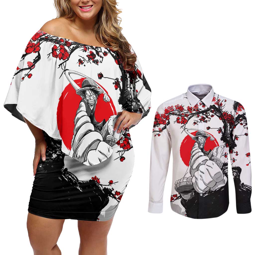 Luffy Gear 3 One Piece Anime White and Red Japanese Art Style Couples Matching Off Shoulder Short Dress and Long Sleeve Button Shirt with Cherry Blossom Tree and Straw Hat Pirates Jolly Roger - The Mazicc