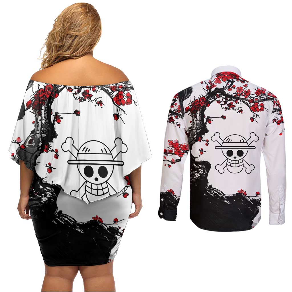 Luffy Gear 3 One Piece Anime White and Red Japanese Art Style Couples Matching Off Shoulder Short Dress and Long Sleeve Button Shirt with Cherry Blossom Tree and Straw Hat Pirates Jolly Roger - The Mazicc
