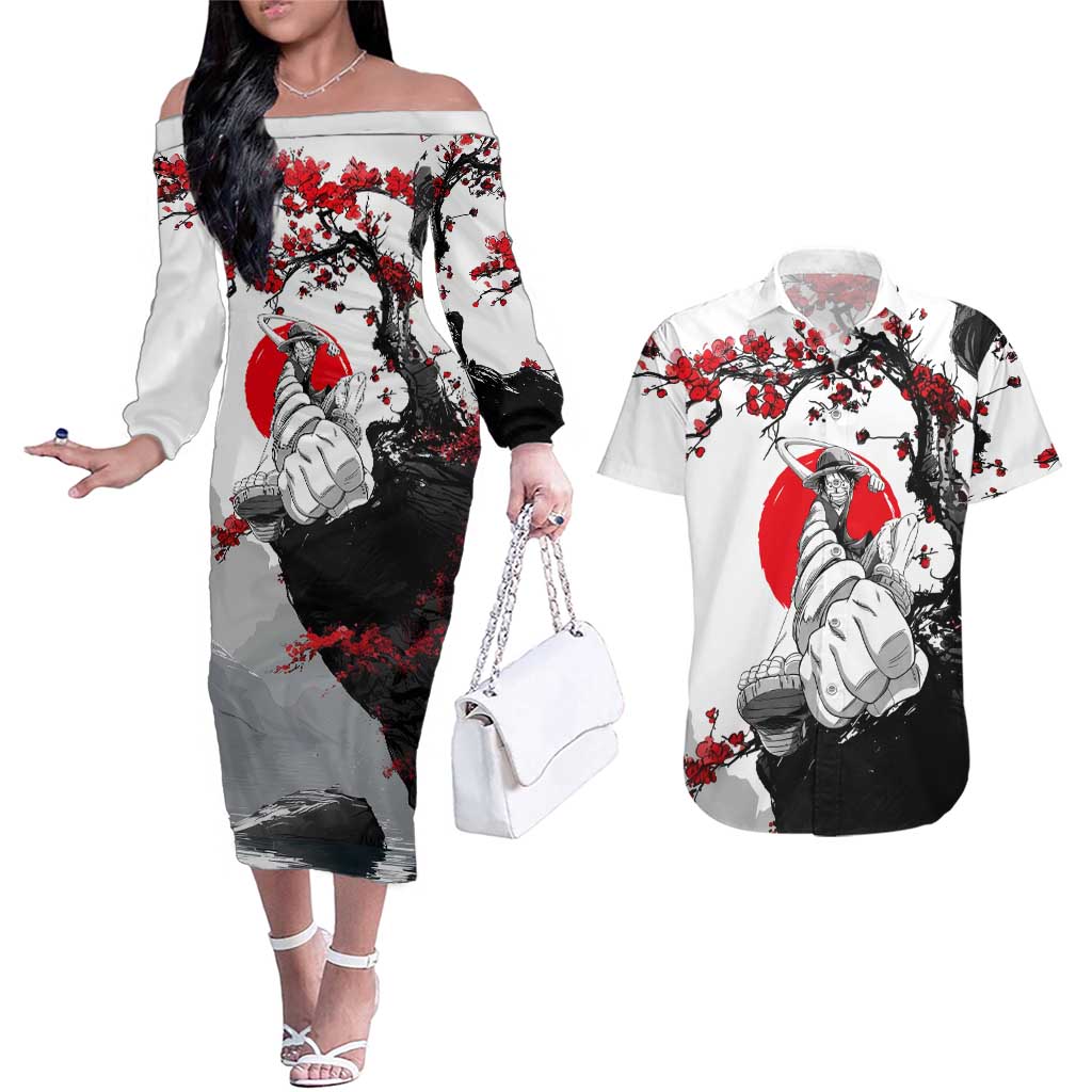 Luffy Gear 3 One Piece Anime White and Red Japanese Art Style Couples Matching Off The Shoulder Long Sleeve Dress and Hawaiian Shirt with Cherry Blossom Tree and Straw Hat Pirates Jolly Roger - The Mazicc