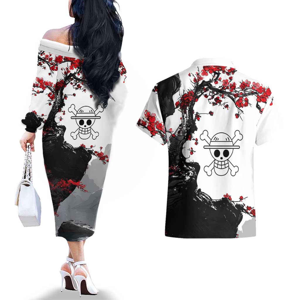Luffy Gear 3 One Piece Anime White and Red Japanese Art Style Couples Matching Off The Shoulder Long Sleeve Dress and Hawaiian Shirt with Cherry Blossom Tree and Straw Hat Pirates Jolly Roger - The Mazicc