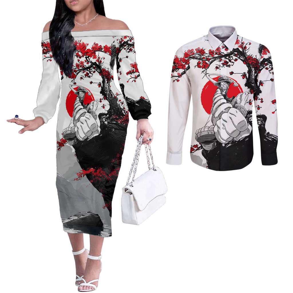 Luffy Gear 3 One Piece Anime White and Red Japanese Art Style Couples Matching Off The Shoulder Long Sleeve Dress and Long Sleeve Button Shirt with Cherry Blossom Tree and Straw Hat Pirates Jolly Roger - The Mazicc