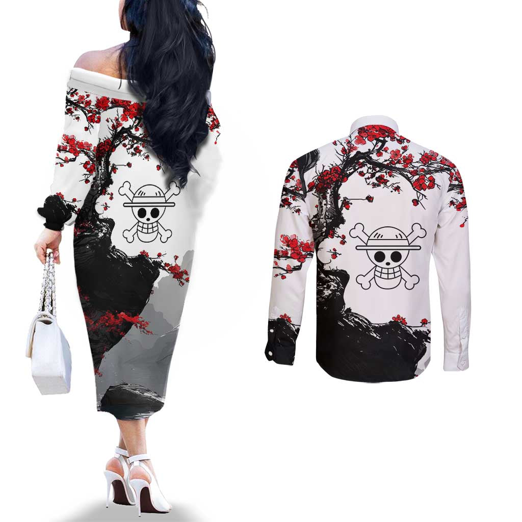 Luffy Gear 3 One Piece Anime White and Red Japanese Art Style Couples Matching Off The Shoulder Long Sleeve Dress and Long Sleeve Button Shirt with Cherry Blossom Tree and Straw Hat Pirates Jolly Roger - The Mazicc