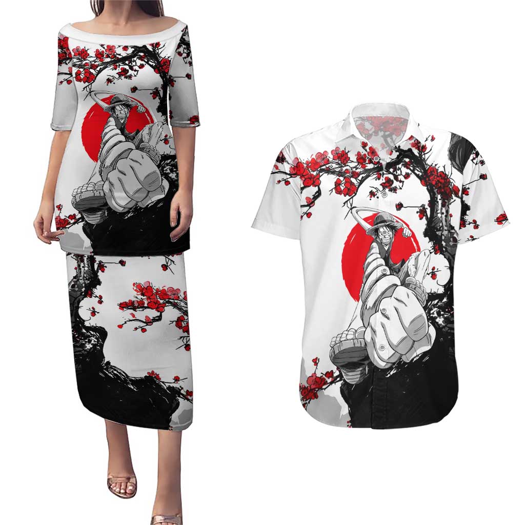 Luffy Gear 3 One Piece Anime White and Red Japanese Art Style Couples Matching Puletasi and Hawaiian Shirt with Cherry Blossom Tree and Straw Hat Pirates Jolly Roger - The Mazicc