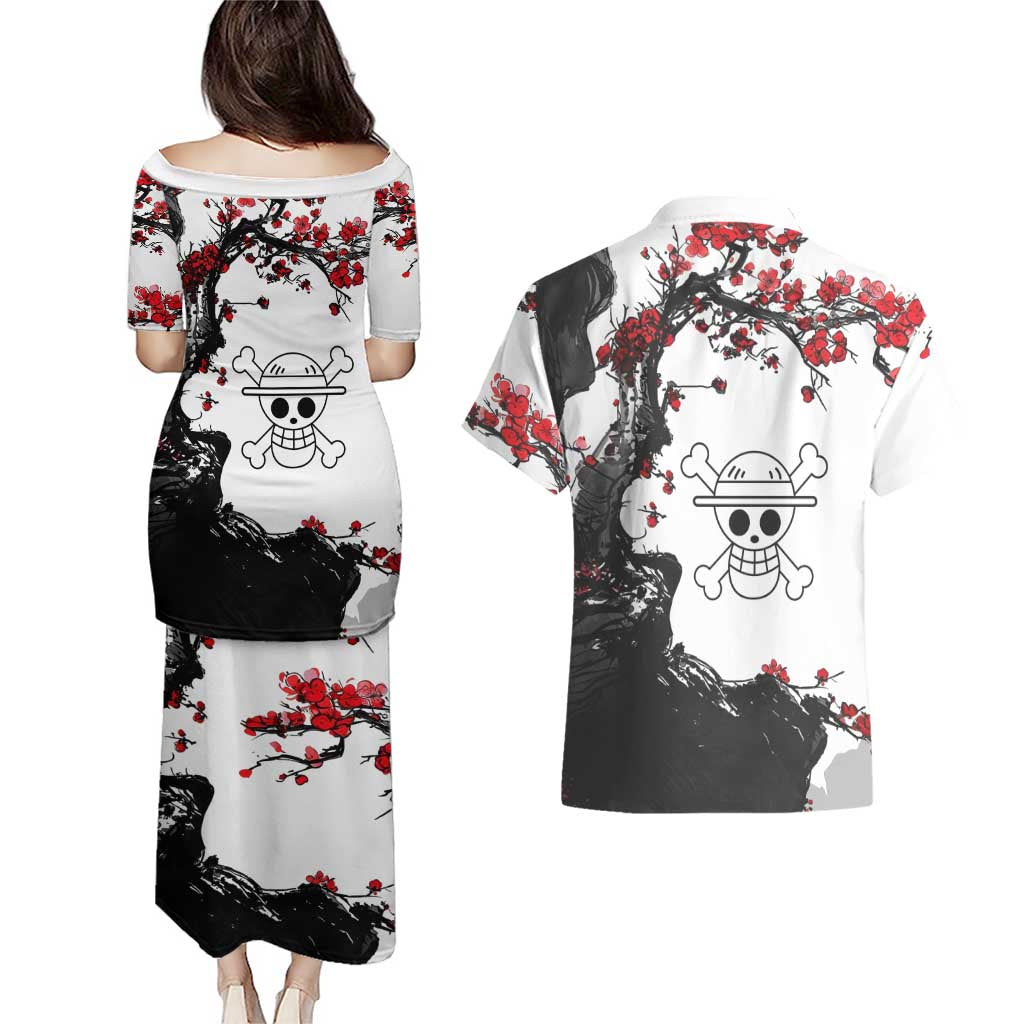Luffy Gear 3 One Piece Anime White and Red Japanese Art Style Couples Matching Puletasi and Hawaiian Shirt with Cherry Blossom Tree and Straw Hat Pirates Jolly Roger - The Mazicc