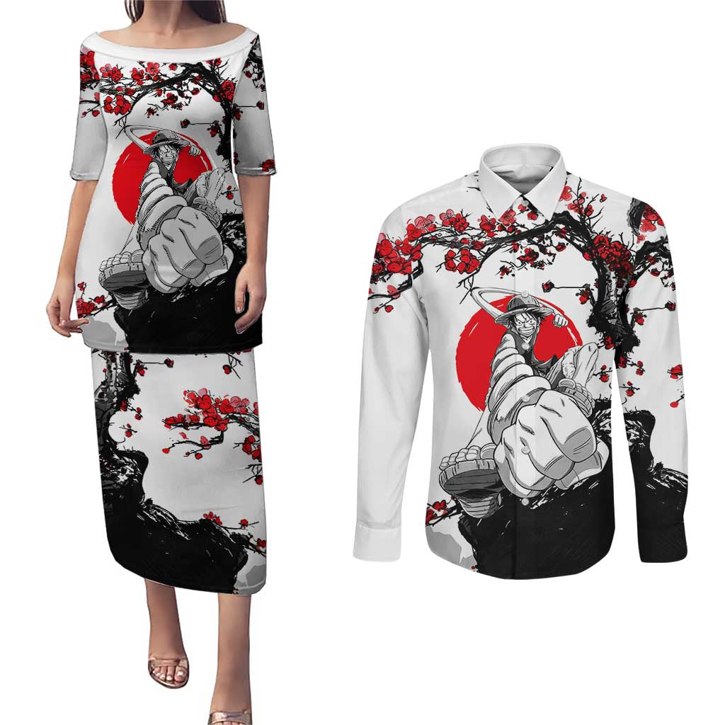 Luffy Gear 3 One Piece Anime White and Red Japanese Art Style Couples Matching Puletasi and Long Sleeve Button Shirt with Cherry Blossom Tree and Straw Hat Pirates Jolly Roger - The Mazicc
