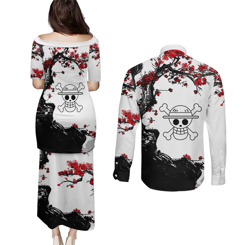 Luffy Gear 3 One Piece Anime White and Red Japanese Art Style Couples Matching Puletasi and Long Sleeve Button Shirt with Cherry Blossom Tree and Straw Hat Pirates Jolly Roger - The Mazicc