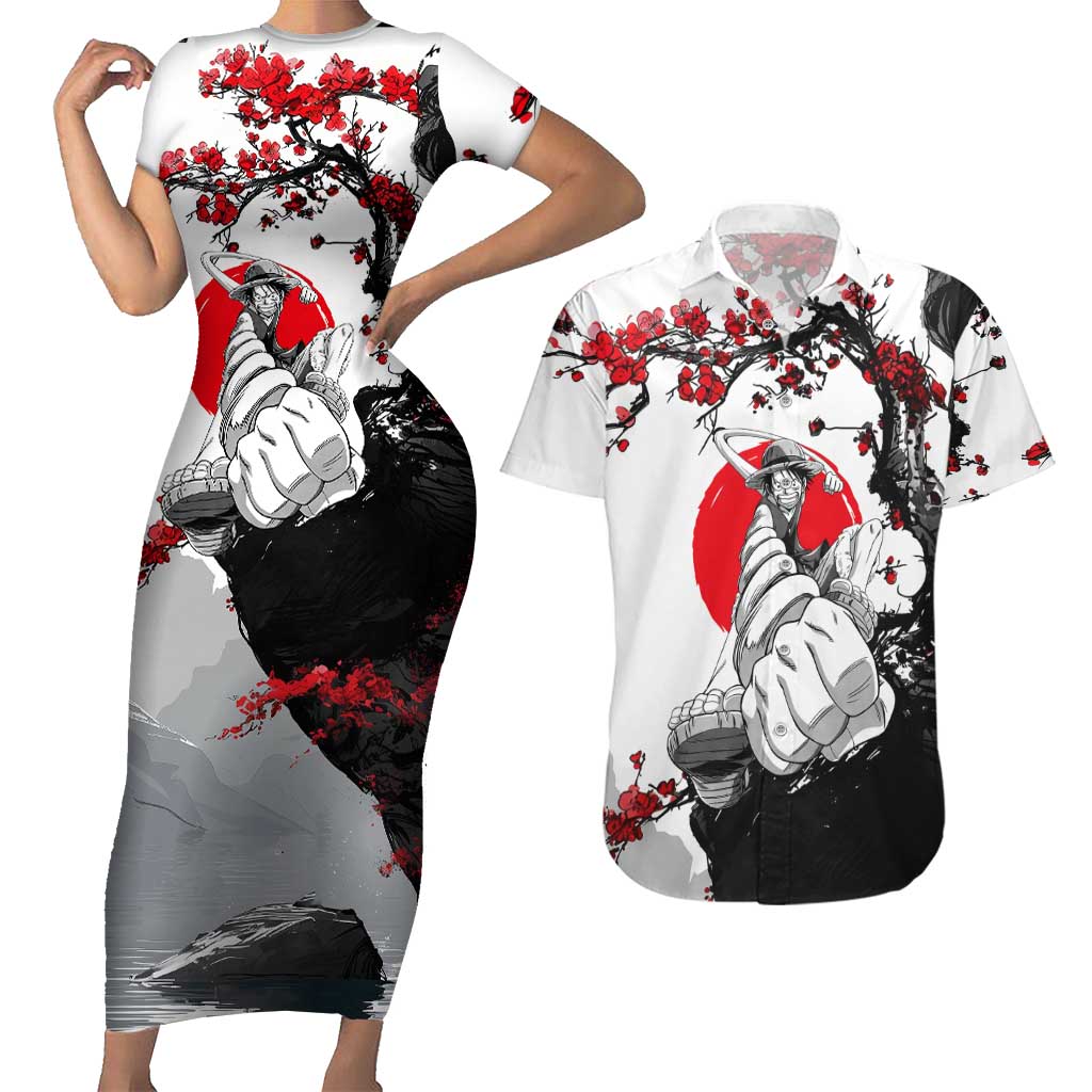Luffy Gear 3 One Piece Anime White and Red Japanese Art Style Couples Matching Short Sleeve Bodycon Dress and Hawaiian Shirt with Cherry Blossom Tree and Straw Hat Pirates Jolly Roger - The Mazicc