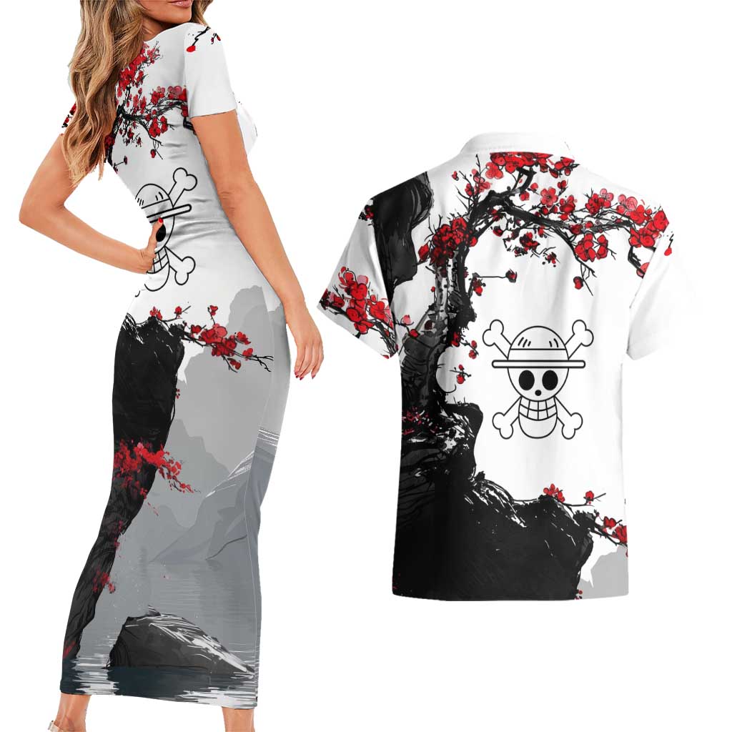 Luffy Gear 3 One Piece Anime White and Red Japanese Art Style Couples Matching Short Sleeve Bodycon Dress and Hawaiian Shirt with Cherry Blossom Tree and Straw Hat Pirates Jolly Roger - The Mazicc