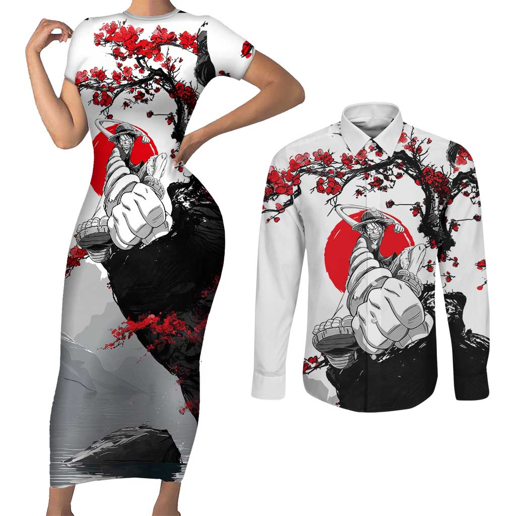 Luffy Gear 3 One Piece Anime White and Red Japanese Art Style Couples Matching Short Sleeve Bodycon Dress and Long Sleeve Button Shirt with Cherry Blossom Tree and Straw Hat Pirates Jolly Roger - The Mazicc