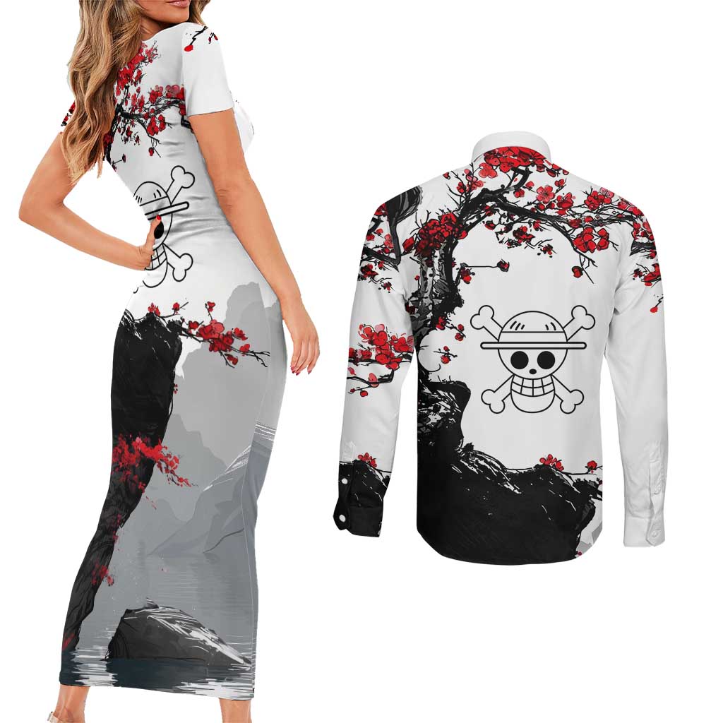 Luffy Gear 3 One Piece Anime White and Red Japanese Art Style Couples Matching Short Sleeve Bodycon Dress and Long Sleeve Button Shirt with Cherry Blossom Tree and Straw Hat Pirates Jolly Roger - The Mazicc