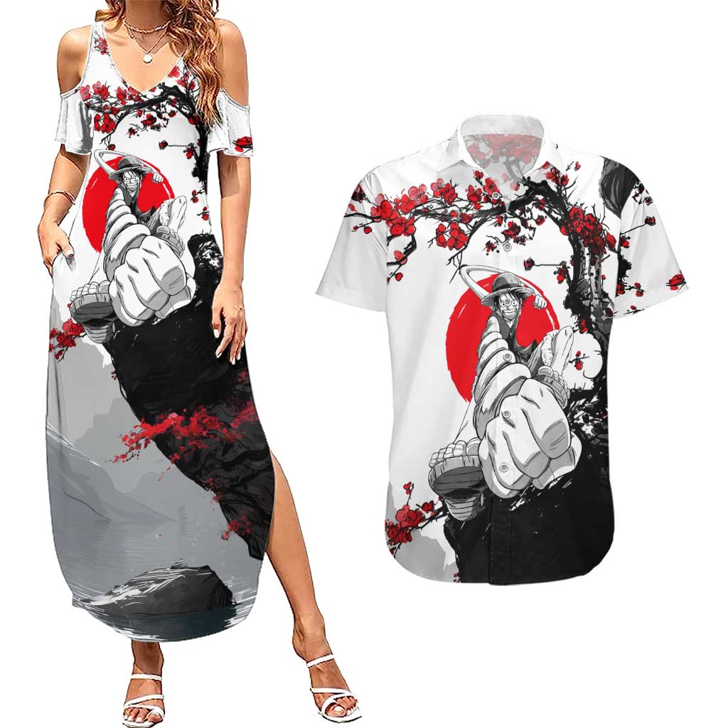 Luffy Gear 3 One Piece Anime White and Red Japanese Art Style Couples Matching Summer Maxi Dress and Hawaiian Shirt with Cherry Blossom Tree and Straw Hat Pirates Jolly Roger - The Mazicc