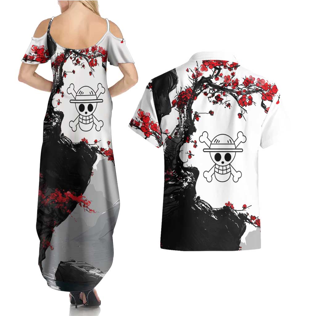 Luffy Gear 3 One Piece Anime White and Red Japanese Art Style Couples Matching Summer Maxi Dress and Hawaiian Shirt with Cherry Blossom Tree and Straw Hat Pirates Jolly Roger - The Mazicc