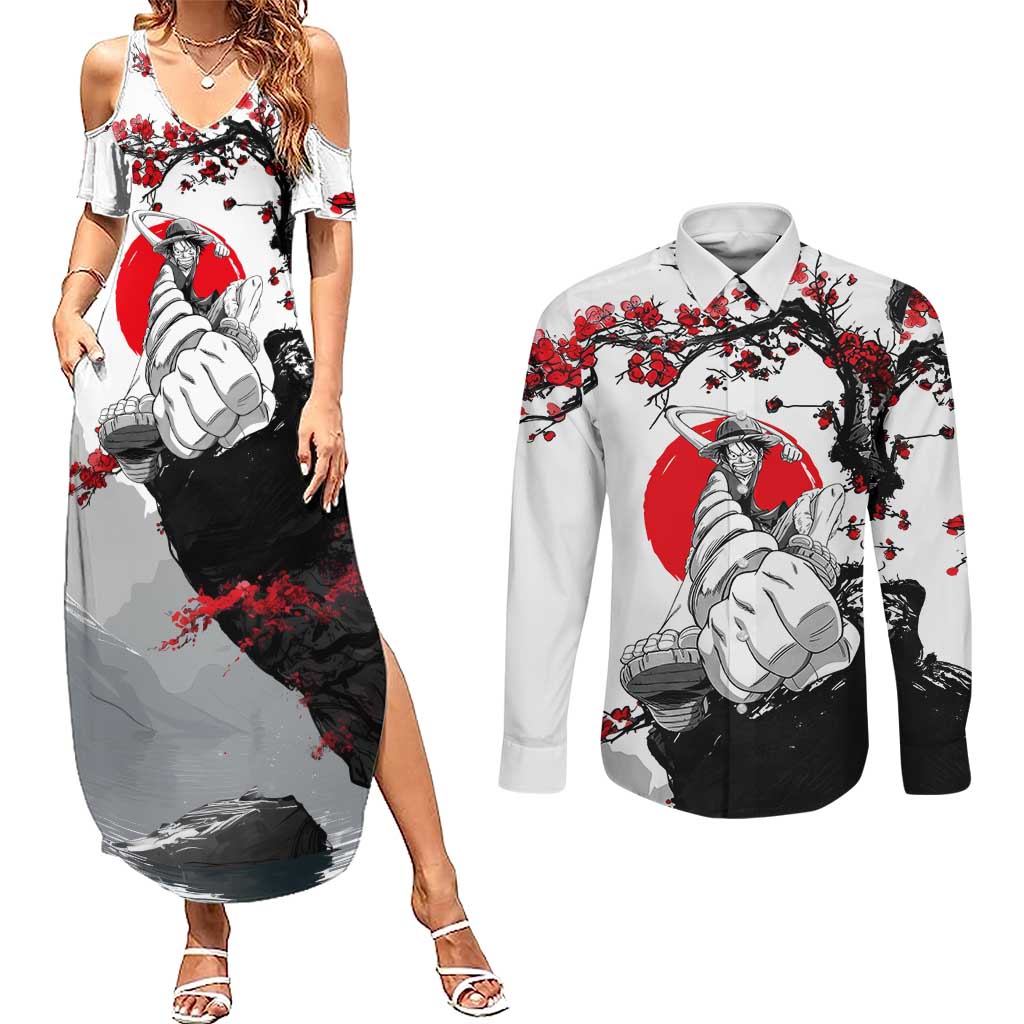 Luffy Gear 3 One Piece Anime White and Red Japanese Art Style Couples Matching Summer Maxi Dress and Long Sleeve Button Shirt with Cherry Blossom Tree and Straw Hat Pirates Jolly Roger - The Mazicc