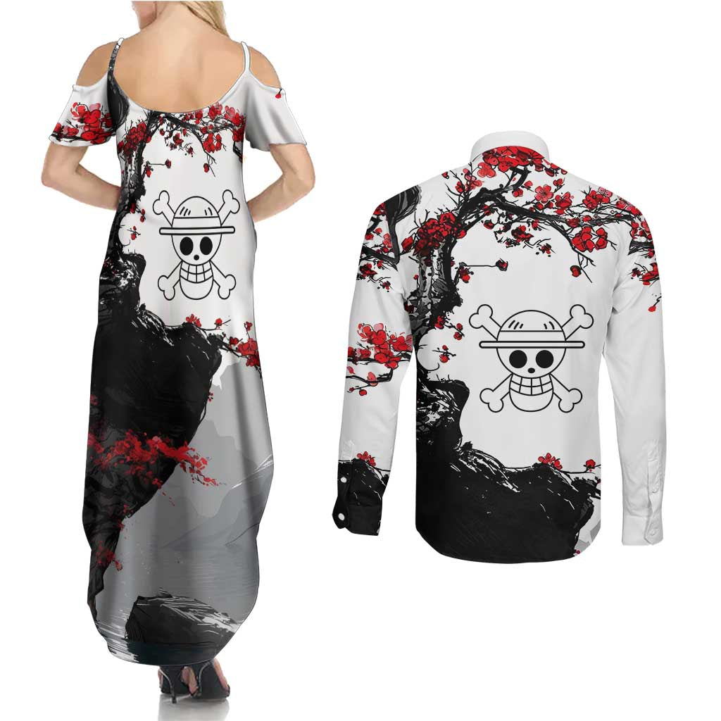 Luffy Gear 3 One Piece Anime White and Red Japanese Art Style Couples Matching Summer Maxi Dress and Long Sleeve Button Shirt with Cherry Blossom Tree and Straw Hat Pirates Jolly Roger - The Mazicc