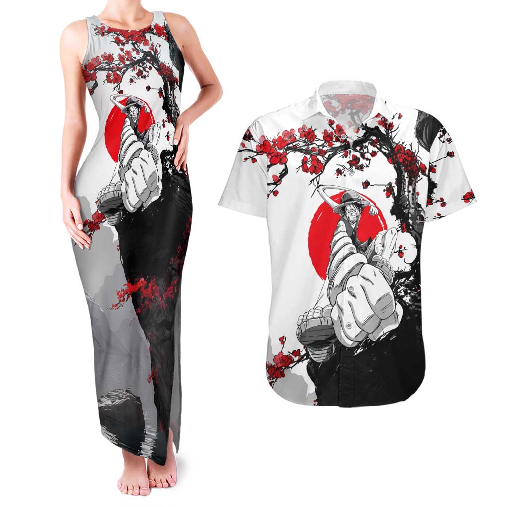 Luffy Gear 3 One Piece Anime White and Red Japanese Art Style Couples Matching Tank Maxi Dress and Hawaiian Shirt with Cherry Blossom Tree and Straw Hat Pirates Jolly Roger - The Mazicc