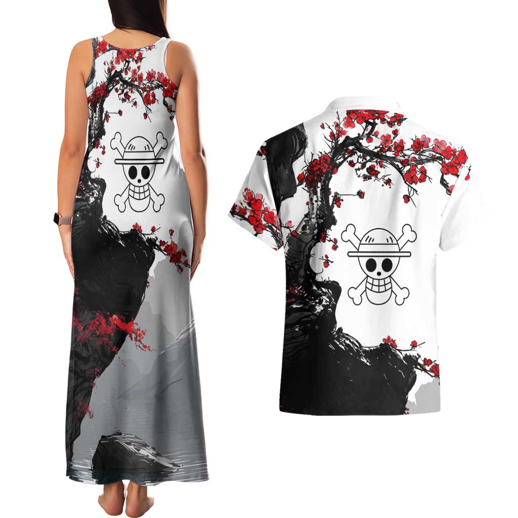 Luffy Gear 3 One Piece Anime White and Red Japanese Art Style Couples Matching Tank Maxi Dress and Hawaiian Shirt with Cherry Blossom Tree and Straw Hat Pirates Jolly Roger - The Mazicc