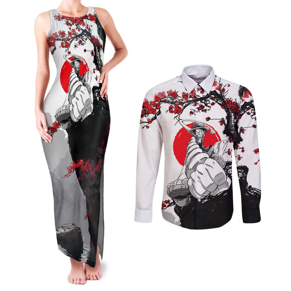 Luffy Gear 3 One Piece Anime White and Red Japanese Art Style Couples Matching Tank Maxi Dress and Long Sleeve Button Shirt with Cherry Blossom Tree and Straw Hat Pirates Jolly Roger - The Mazicc
