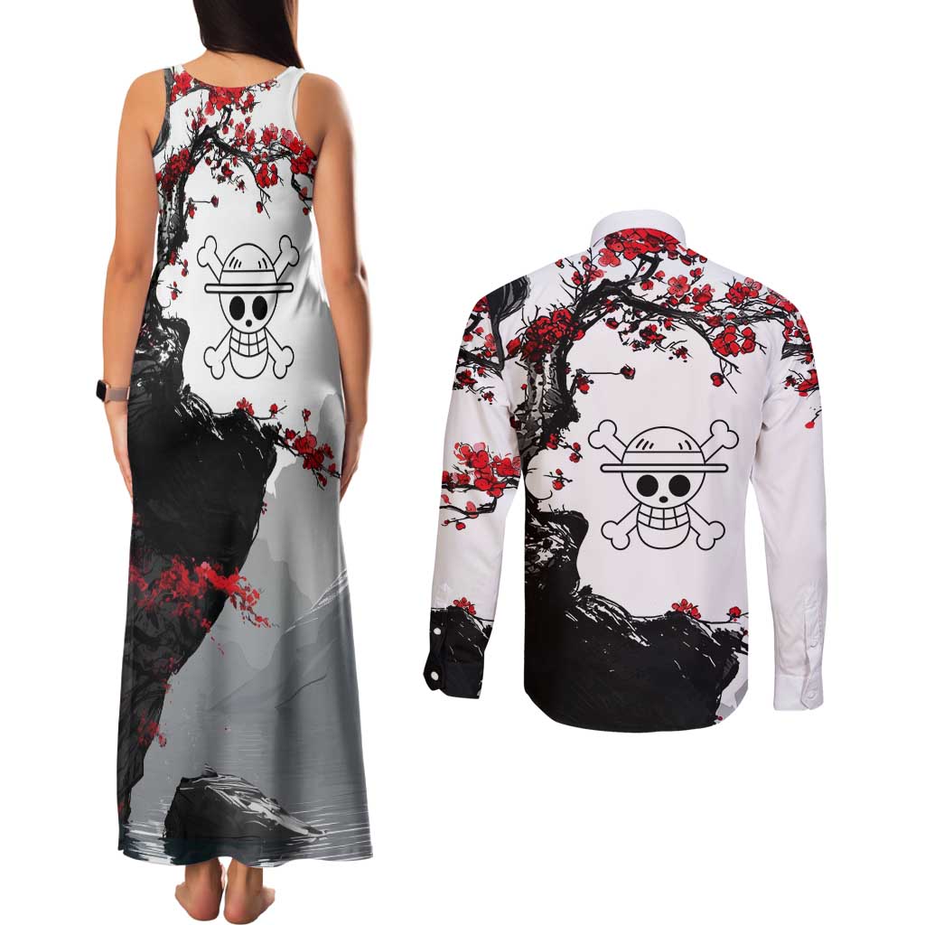 Luffy Gear 3 One Piece Anime White and Red Japanese Art Style Couples Matching Tank Maxi Dress and Long Sleeve Button Shirt with Cherry Blossom Tree and Straw Hat Pirates Jolly Roger - The Mazicc