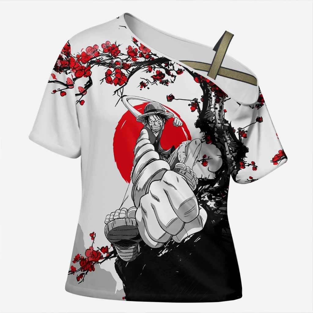 Luffy Gear 3 One Piece Anime White and Red Japanese Art Style Cross Shoulder Shirt with Cherry Blossom Tree and Straw Hat Pirates Jolly Roger - The Mazicc
