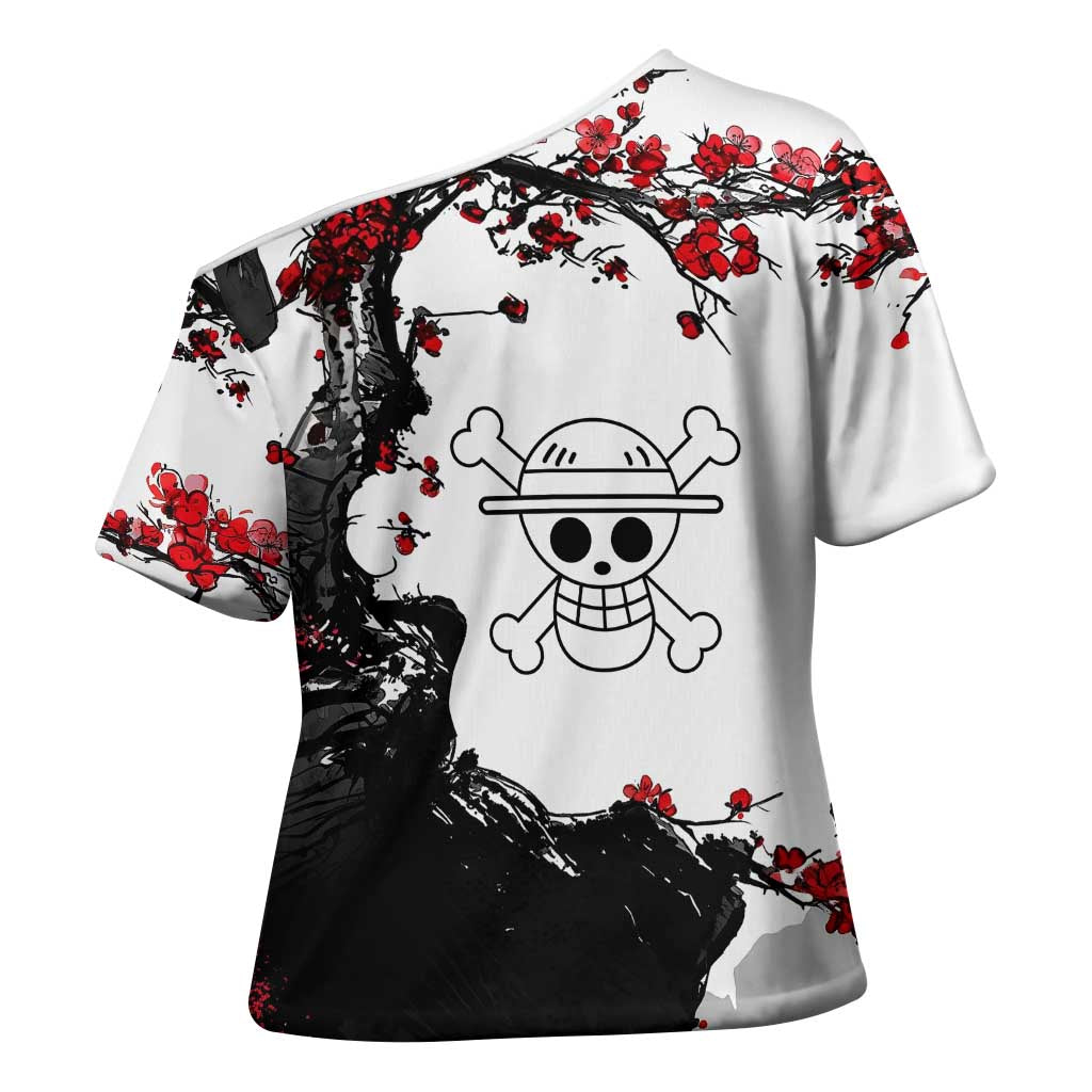Luffy Gear 3 One Piece Anime White and Red Japanese Art Style Cross Shoulder Shirt with Cherry Blossom Tree and Straw Hat Pirates Jolly Roger - The Mazicc