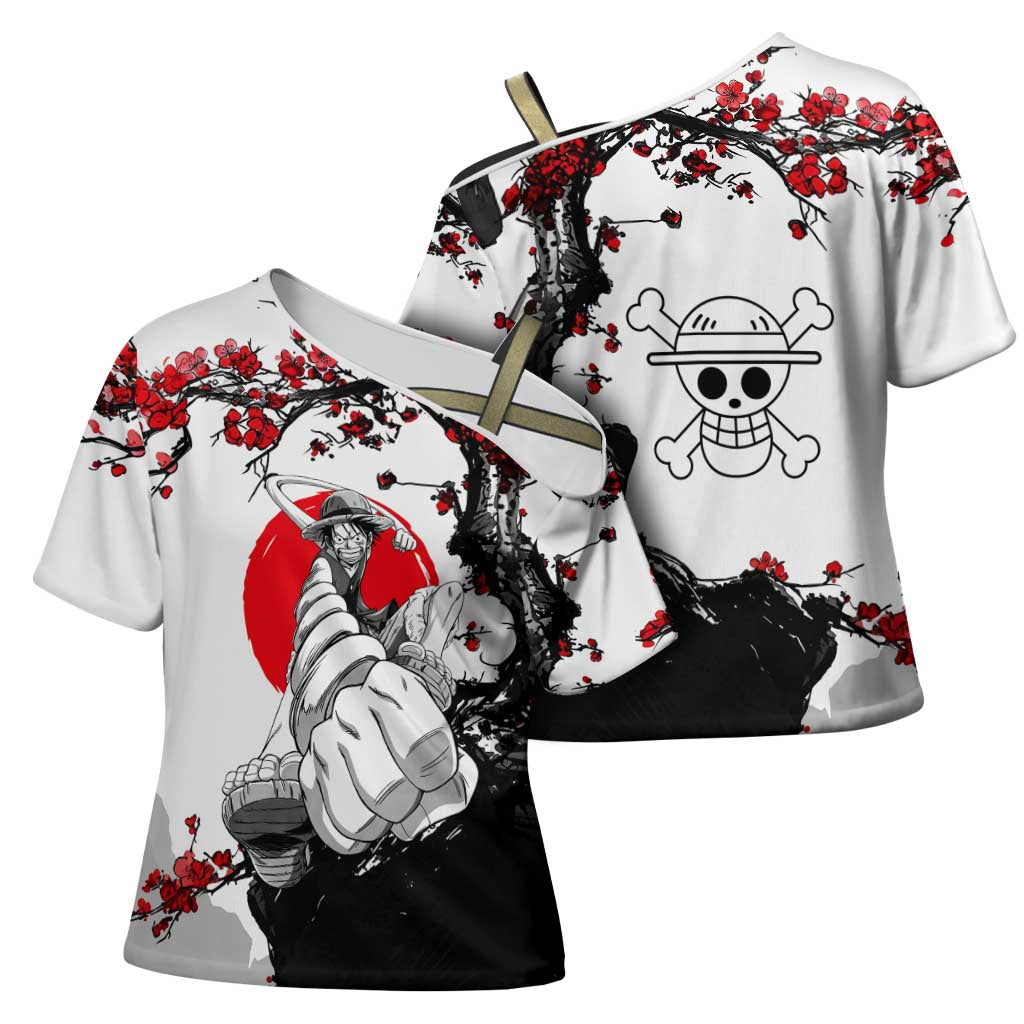 Luffy Gear 3 One Piece Anime White and Red Japanese Art Style Cross Shoulder Shirt with Cherry Blossom Tree and Straw Hat Pirates Jolly Roger - The Mazicc