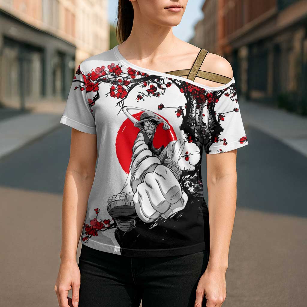 Luffy Gear 3 One Piece Anime White and Red Japanese Art Style Cross Shoulder Shirt with Cherry Blossom Tree and Straw Hat Pirates Jolly Roger - The Mazicc