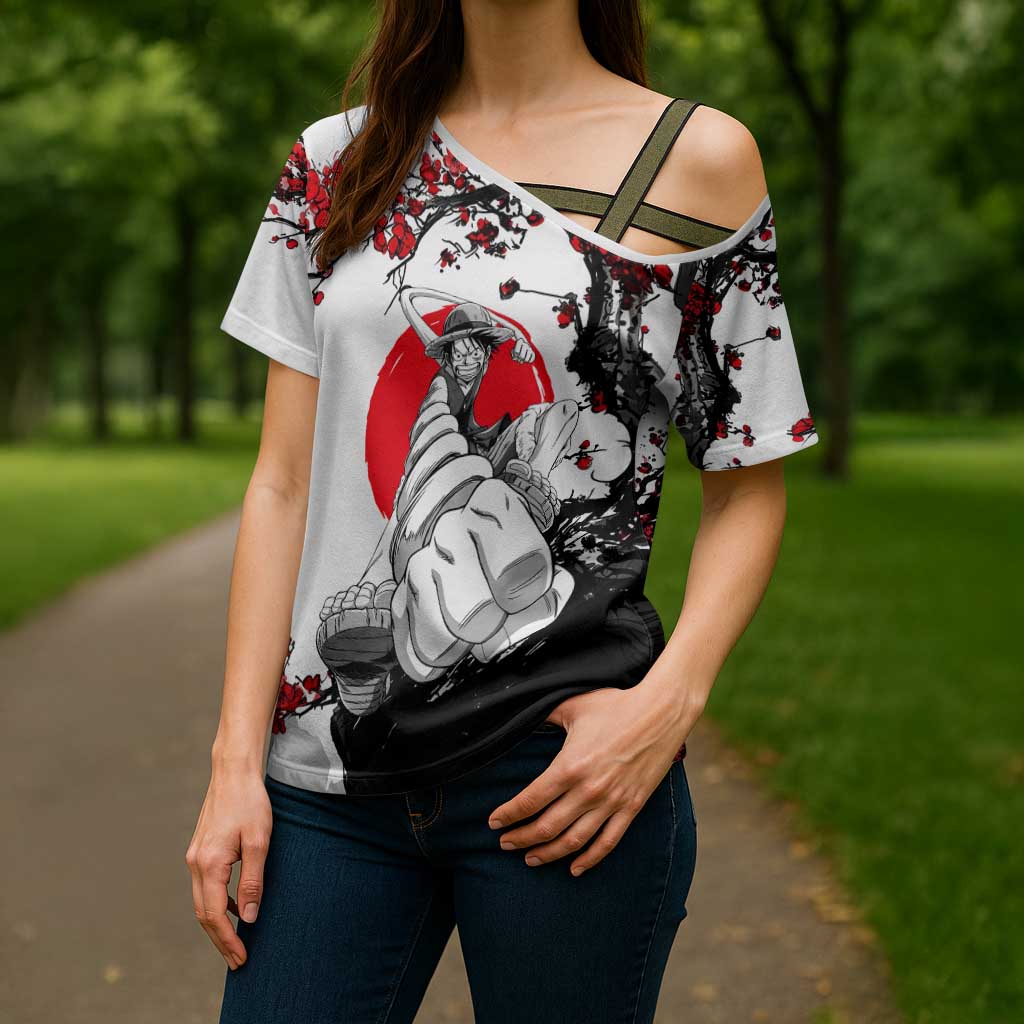 Luffy Gear 3 One Piece Anime White and Red Japanese Art Style Cross Shoulder Shirt with Cherry Blossom Tree and Straw Hat Pirates Jolly Roger - The Mazicc