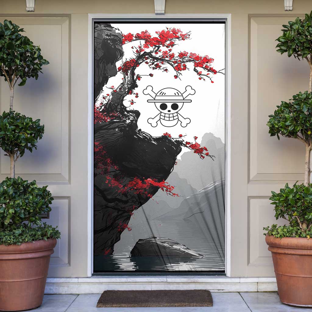 Luffy Gear 3 One Piece Anime White and Red Japanese Art Style Door Cover with Cherry Blossom Tree and Straw Hat Pirates Jolly Roger - The Mazicc