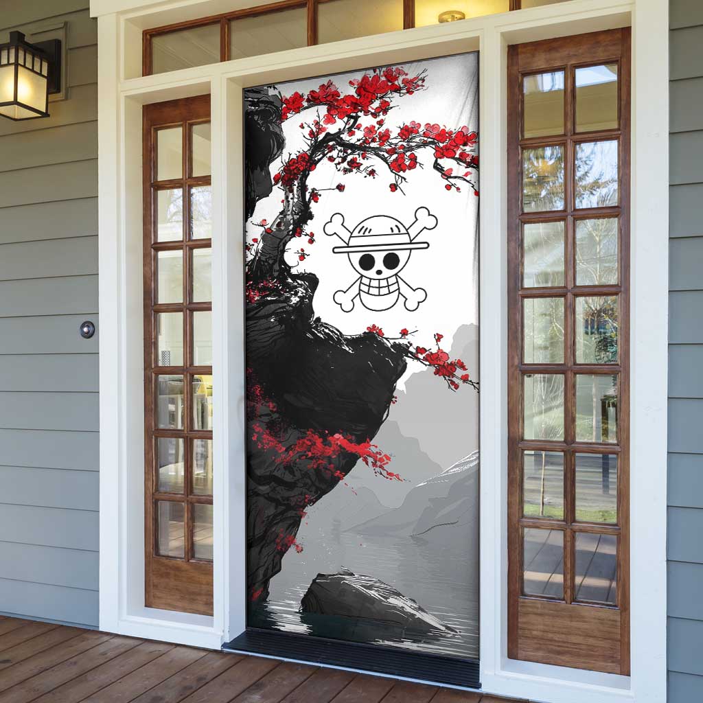 Luffy Gear 3 One Piece Anime White and Red Japanese Art Style Door Cover with Cherry Blossom Tree and Straw Hat Pirates Jolly Roger - The Mazicc