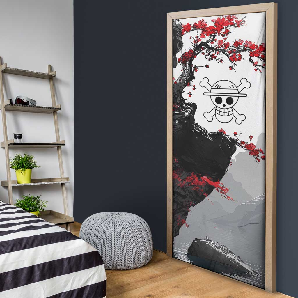 Luffy Gear 3 One Piece Anime White and Red Japanese Art Style Door Cover with Cherry Blossom Tree and Straw Hat Pirates Jolly Roger - The Mazicc