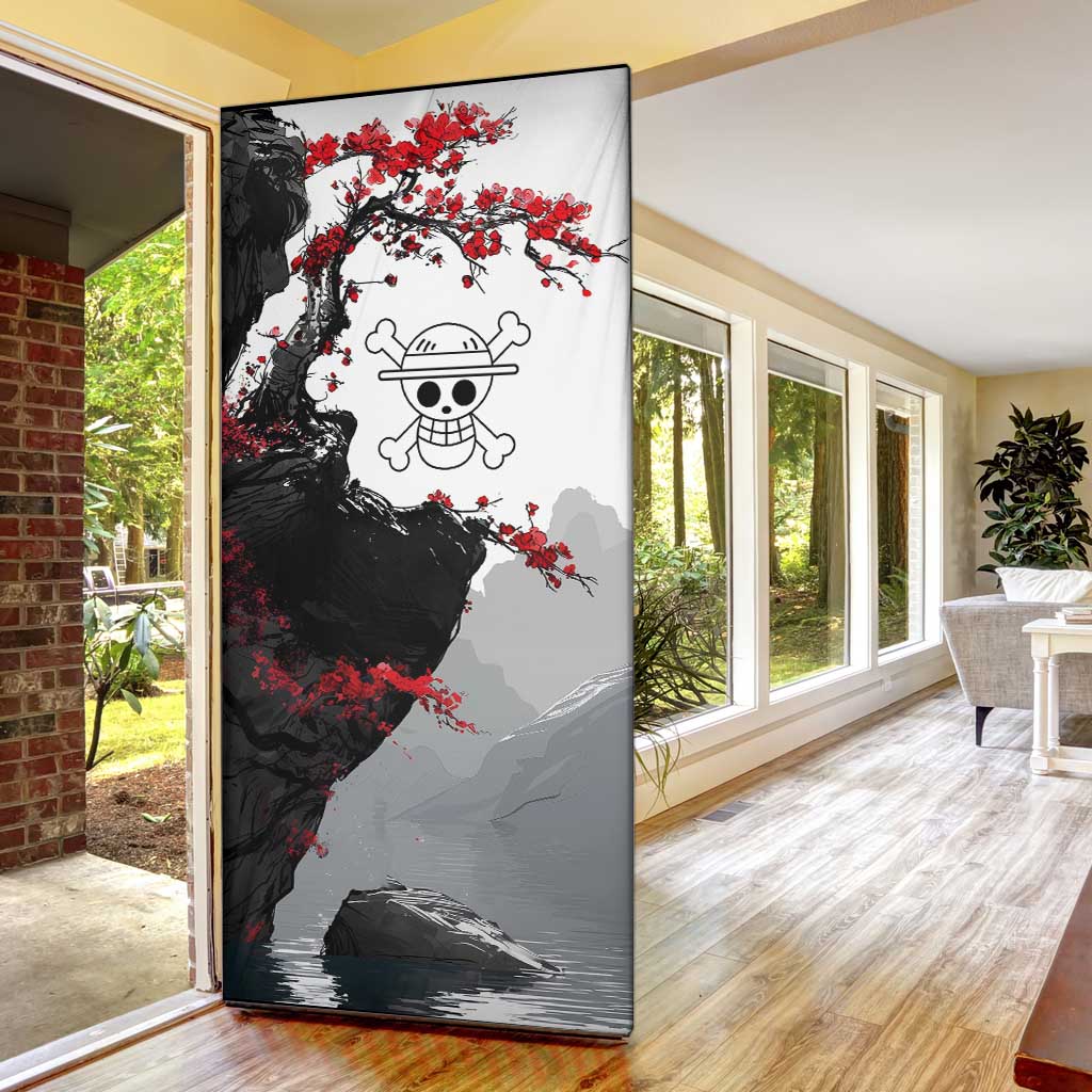 Luffy Gear 3 One Piece Anime White and Red Japanese Art Style Door Cover with Cherry Blossom Tree and Straw Hat Pirates Jolly Roger - The Mazicc