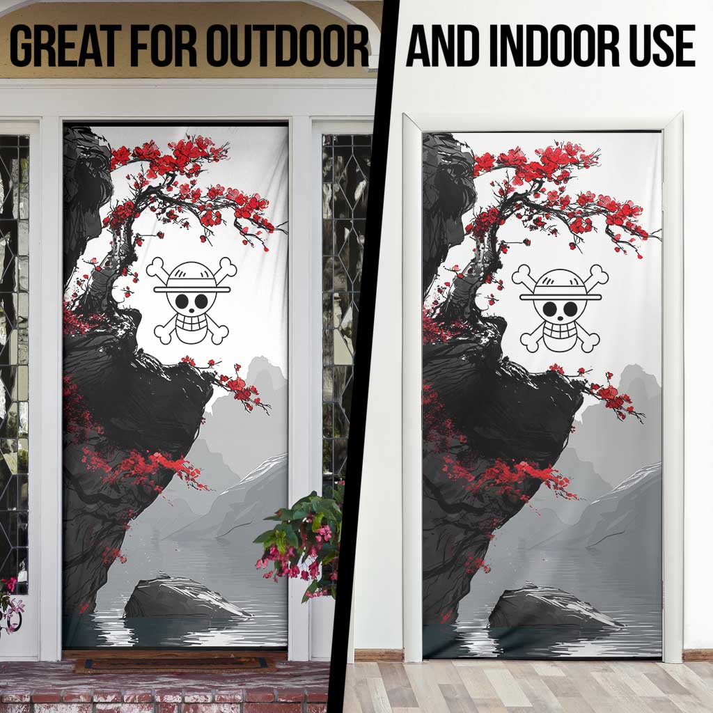 Luffy Gear 3 One Piece Anime White and Red Japanese Art Style Door Cover with Cherry Blossom Tree and Straw Hat Pirates Jolly Roger - The Mazicc