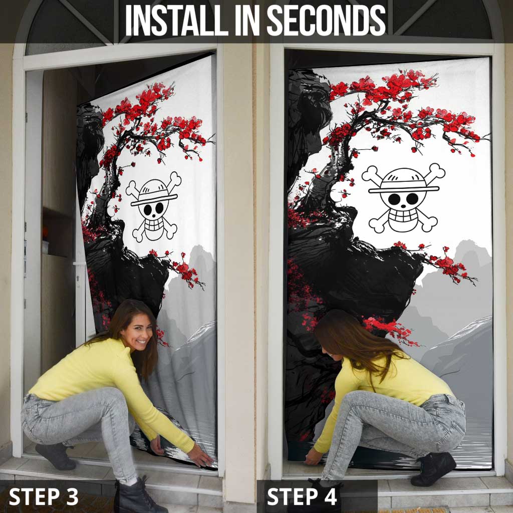 Luffy Gear 3 One Piece Anime White and Red Japanese Art Style Door Cover with Cherry Blossom Tree and Straw Hat Pirates Jolly Roger - The Mazicc