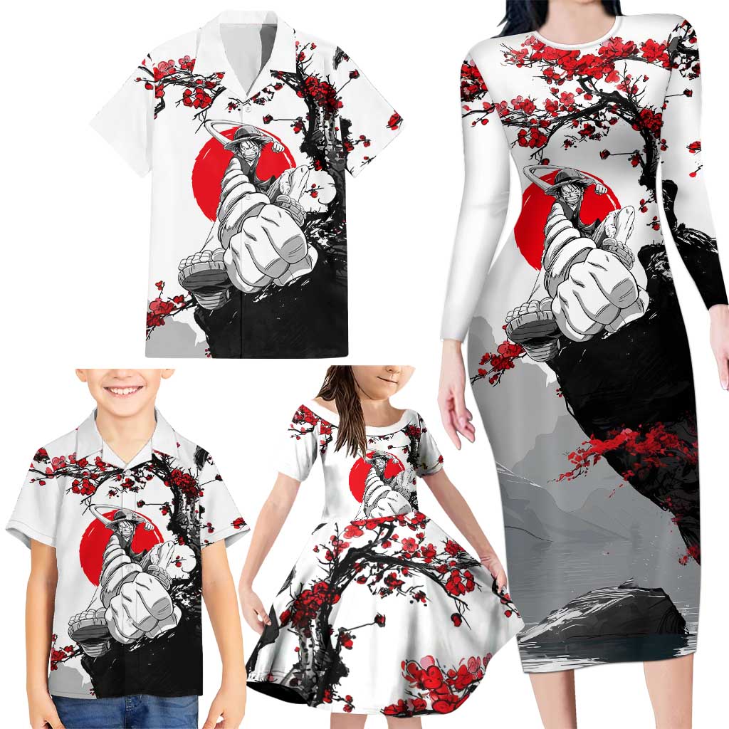 Luffy Gear 3 One Piece Anime White and Red Japanese Art Style Family Matching Long Sleeve Bodycon Dress and Hawaiian Shirt with Cherry Blossom Tree and Straw Hat Pirates Jolly Roger