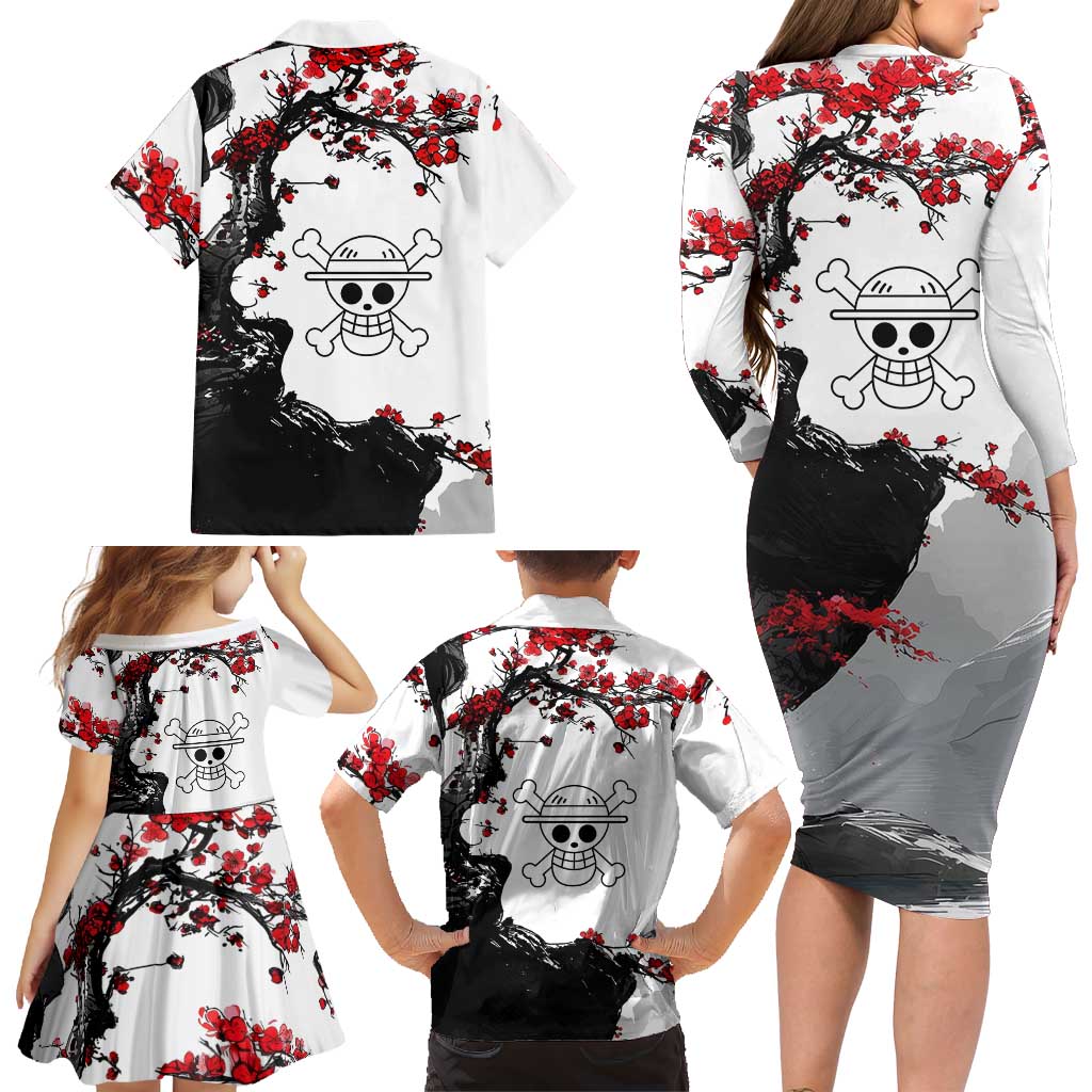 Luffy Gear 3 One Piece Anime White and Red Japanese Art Style Family Matching Long Sleeve Bodycon Dress and Hawaiian Shirt with Cherry Blossom Tree and Straw Hat Pirates Jolly Roger