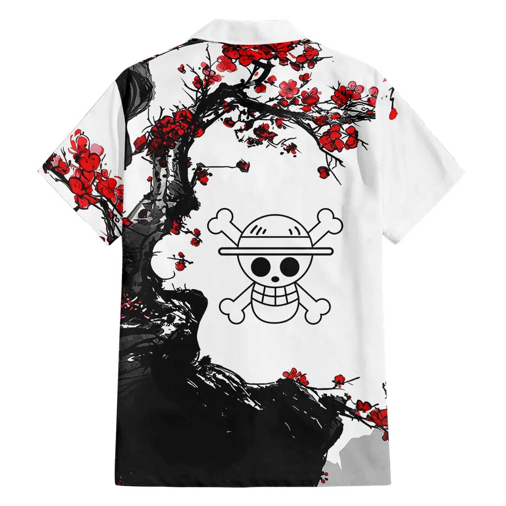 Luffy Gear 3 One Piece Anime White and Red Japanese Art Style Family Matching Long Sleeve Bodycon Dress and Hawaiian Shirt with Cherry Blossom Tree and Straw Hat Pirates Jolly Roger