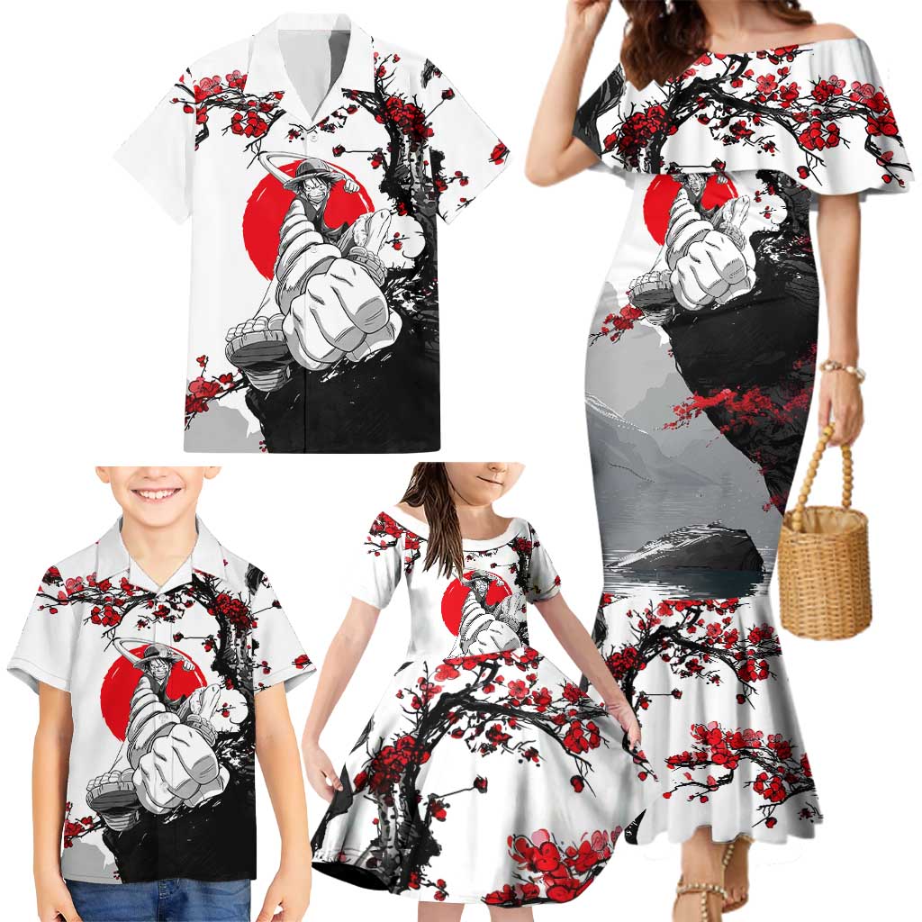 Luffy Gear 3 One Piece Anime White and Red Japanese Art Style Family Matching Mermaid Dress and Hawaiian Shirt with Cherry Blossom Tree and Straw Hat Pirates Jolly Roger