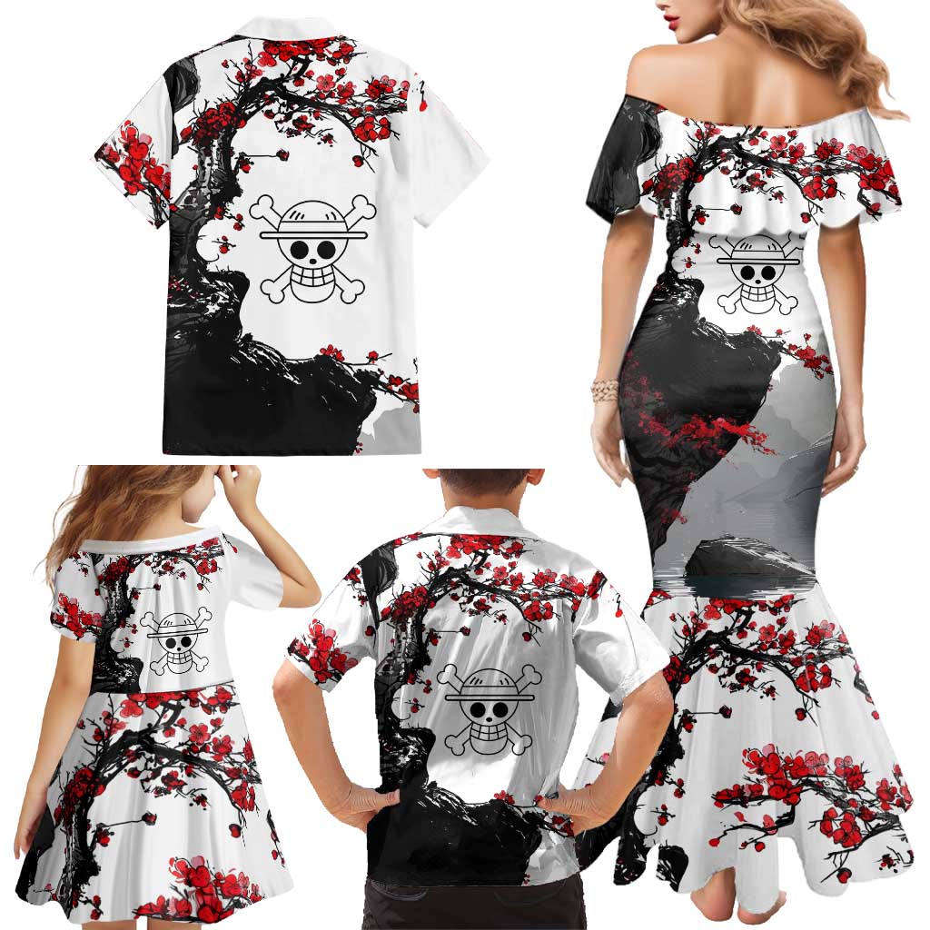 Luffy Gear 3 One Piece Anime White and Red Japanese Art Style Family Matching Mermaid Dress and Hawaiian Shirt with Cherry Blossom Tree and Straw Hat Pirates Jolly Roger