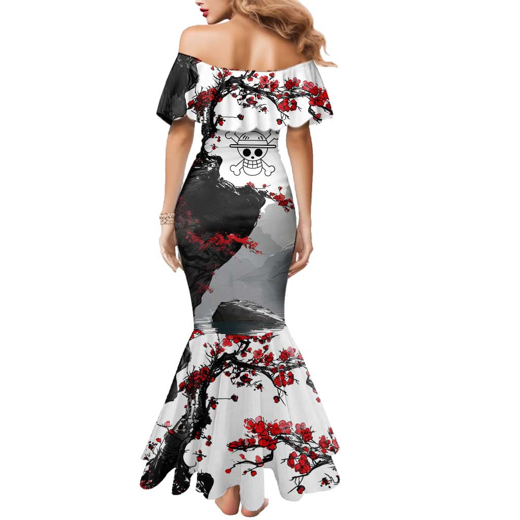 Luffy Gear 3 One Piece Anime White and Red Japanese Art Style Family Matching Mermaid Dress and Hawaiian Shirt with Cherry Blossom Tree and Straw Hat Pirates Jolly Roger