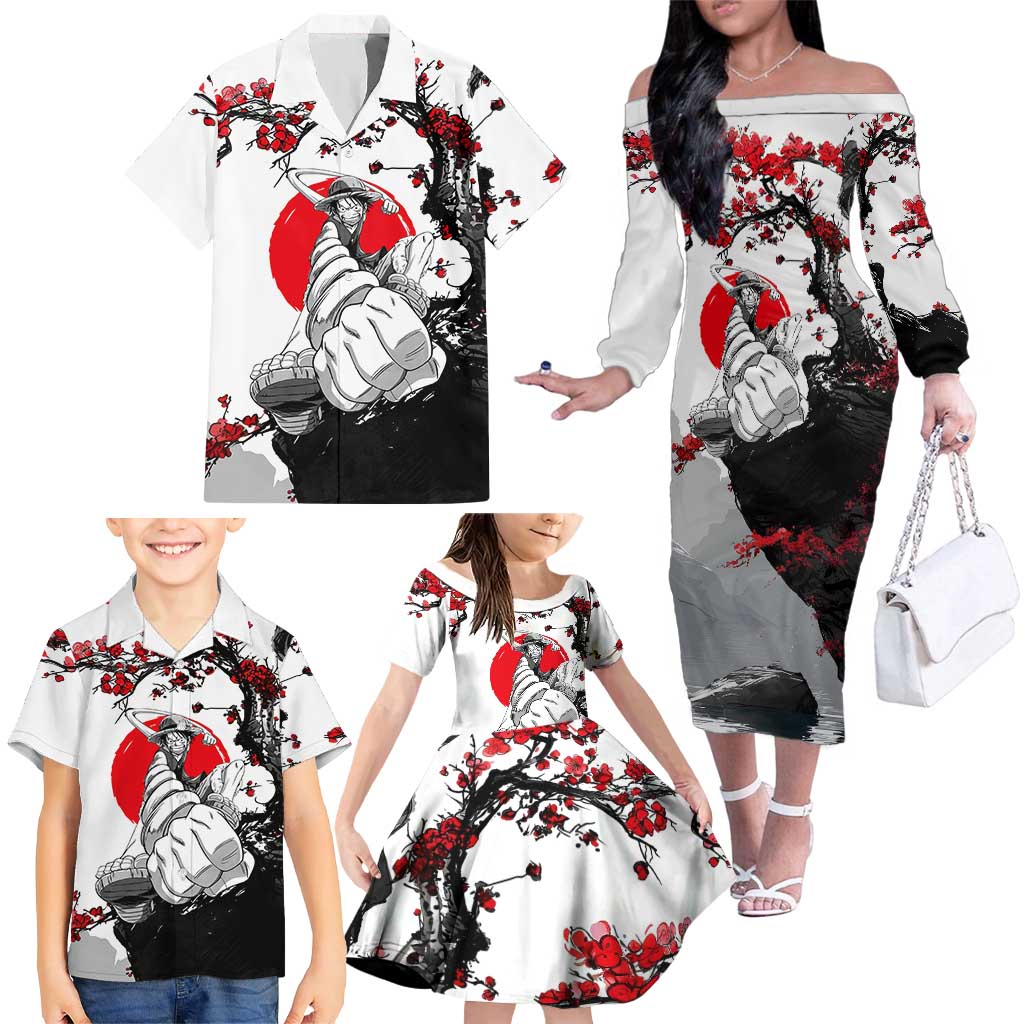 Luffy Gear 3 One Piece Anime White and Red Japanese Art Style Family Matching Off The Shoulder Long Sleeve Dress and Hawaiian Shirt with Cherry Blossom Tree and Straw Hat Pirates Jolly Roger