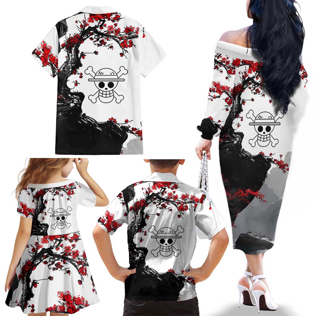 Luffy Gear 3 One Piece Anime White and Red Japanese Art Style Family Matching Off The Shoulder Long Sleeve Dress and Hawaiian Shirt with Cherry Blossom Tree and Straw Hat Pirates Jolly Roger